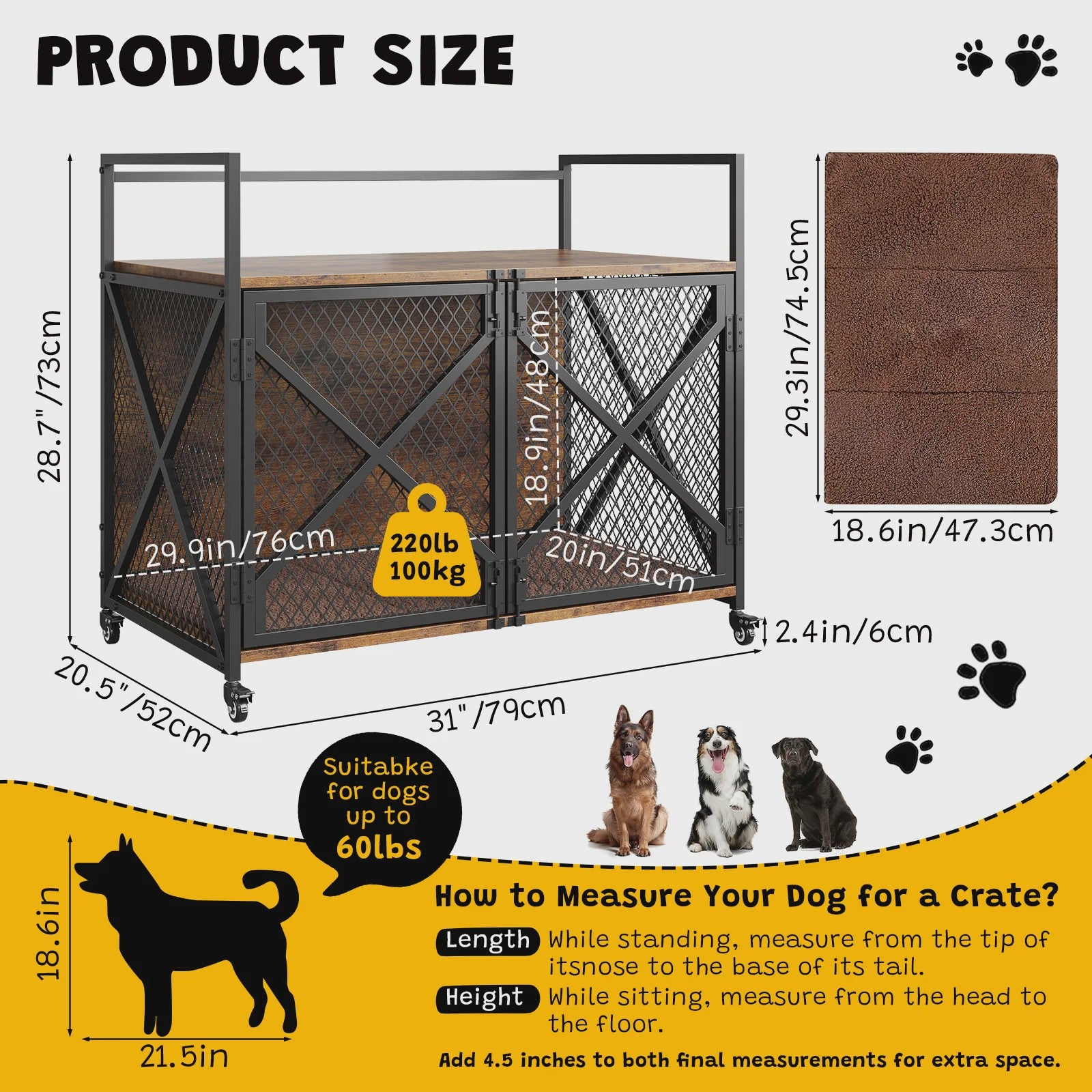 Luxe Houten Hondenkooi Meubel met Dubbele Deuren en Wielen - Afsluitbare Binnen Bench & Tafel voor Kleine/Medium Honden