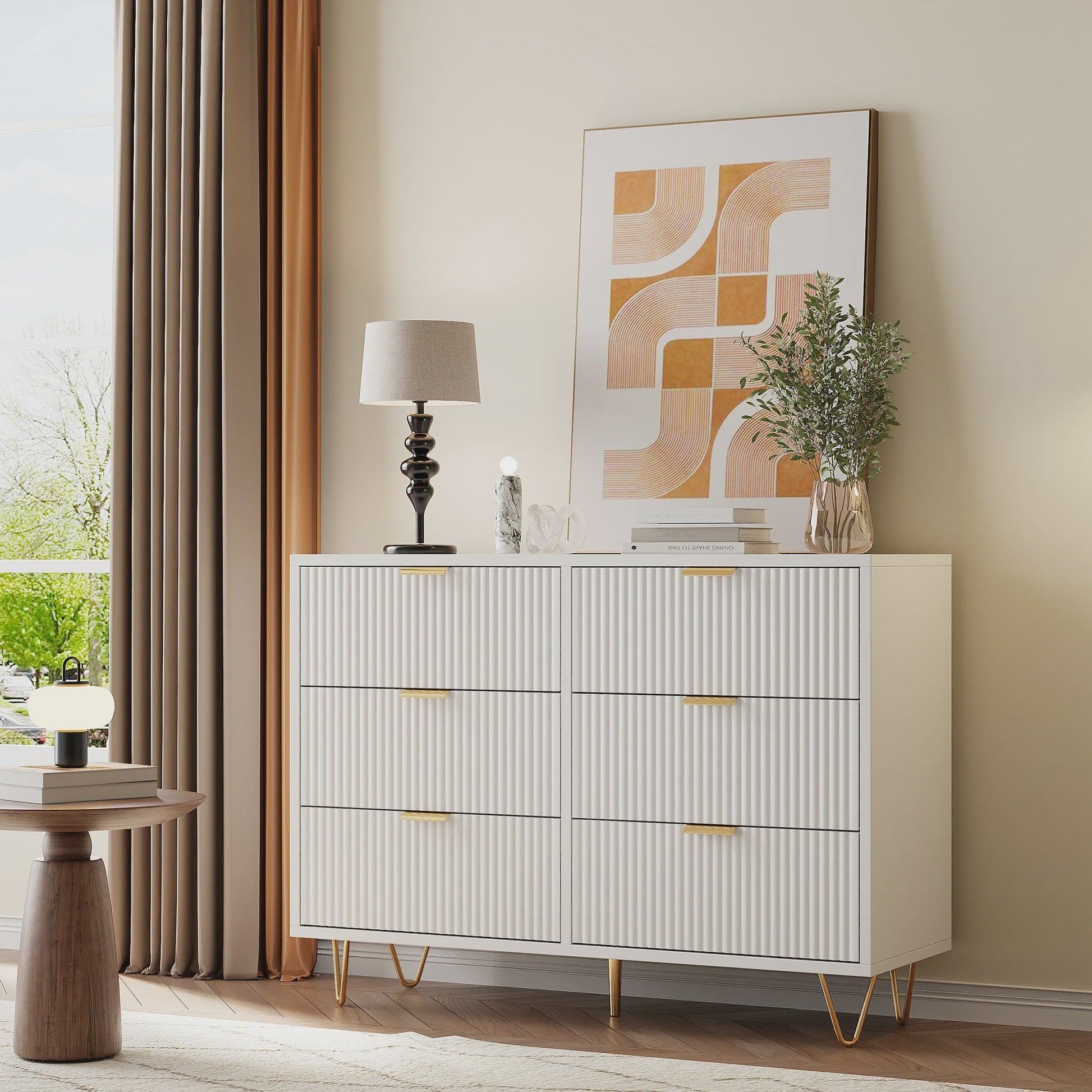 Stijlvol Wit Sideboard Kast met 6 Lades en Gouden Metalen Poten