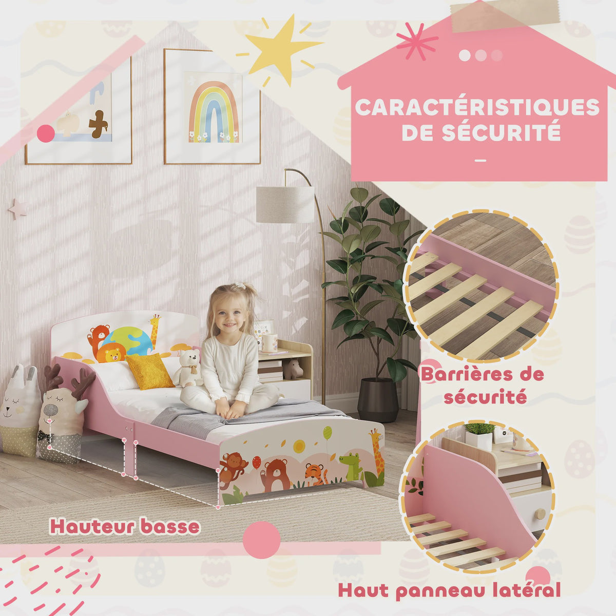 AIYAPLAY Kinder Vloerbed met Dierenprint - 140x70 cm - Inclusief Beschermpanelen & Lattenbodem