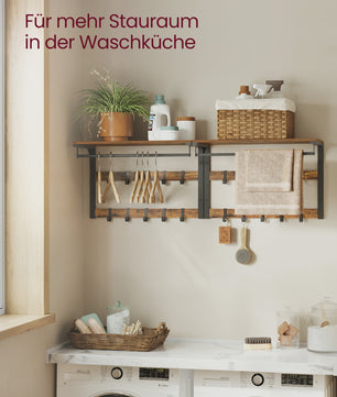 VASAGLE Wandkapstok met Plank en 10 Verstelbare Haken - Industrieel Design