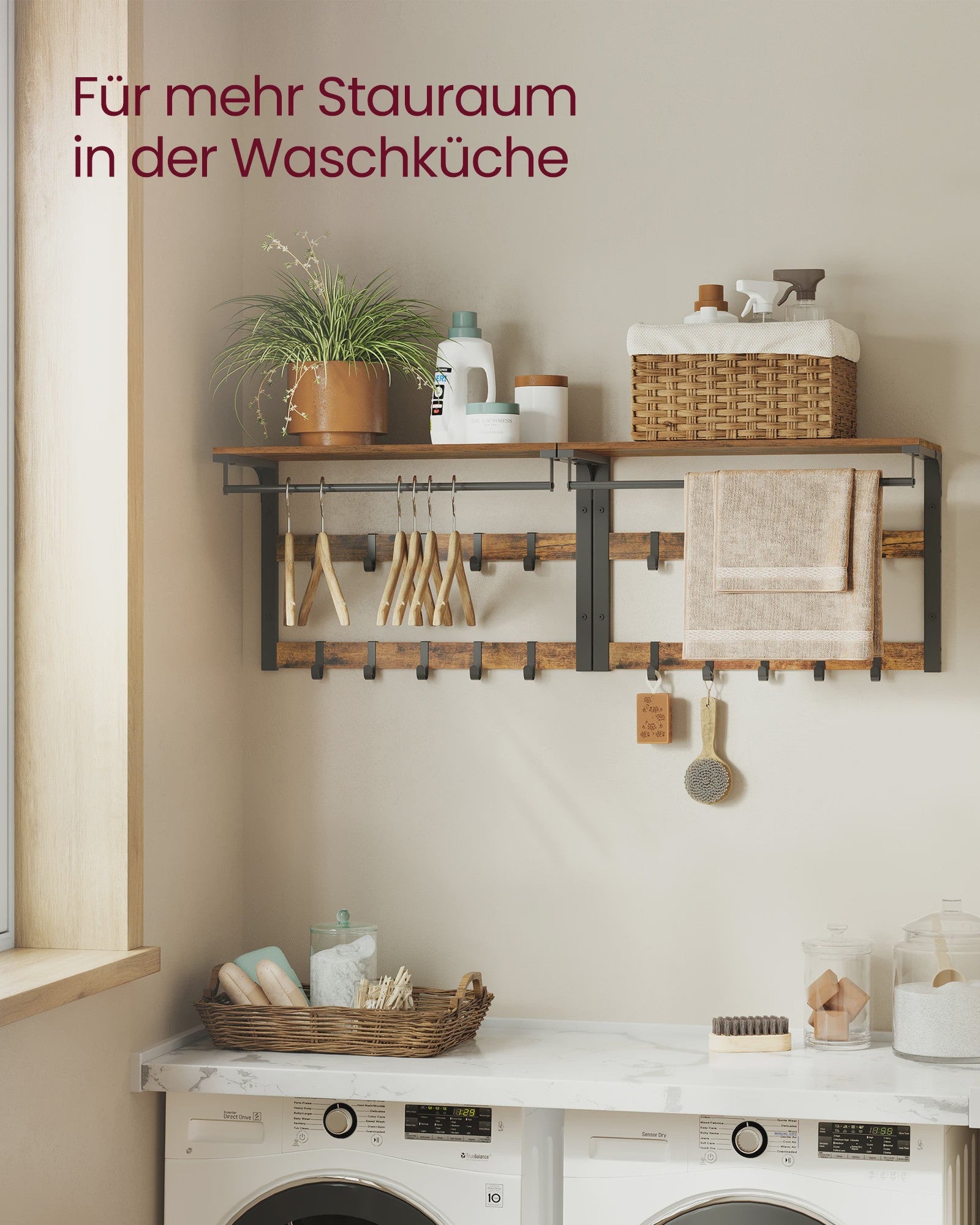 VASAGLE Wandkapstok met Plank en 10 Verstelbare Haken - Industrieel Design