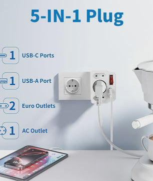 Universele Wandcontactdoos Adapter met Schakelaar, 2x USB-A, 1x USB-C & 3x Schuko Stopcontact