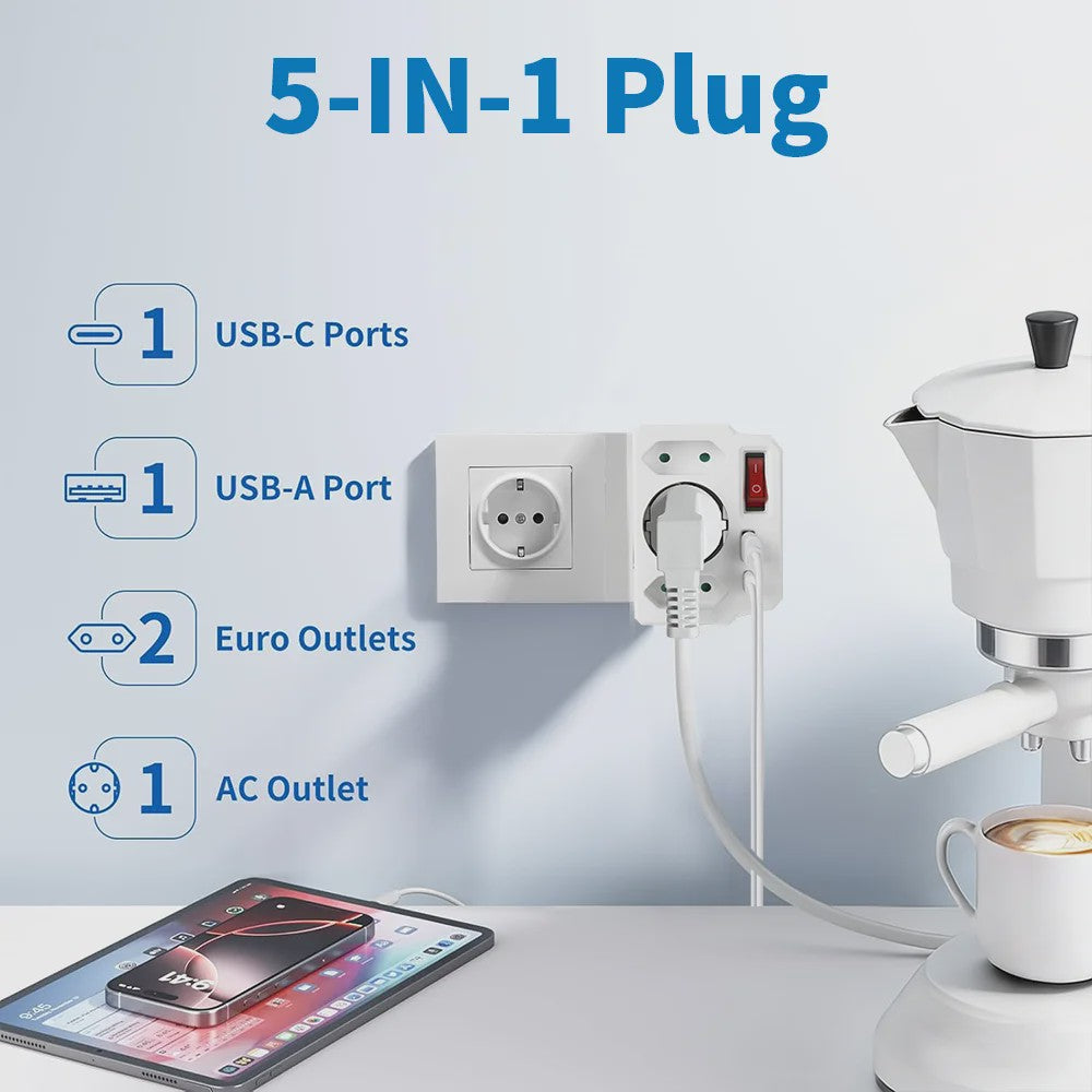 Universele Wandcontactdoos Adapter met Schakelaar, 2x USB-A, 1x USB-C & 3x Schuko Stopcontact
