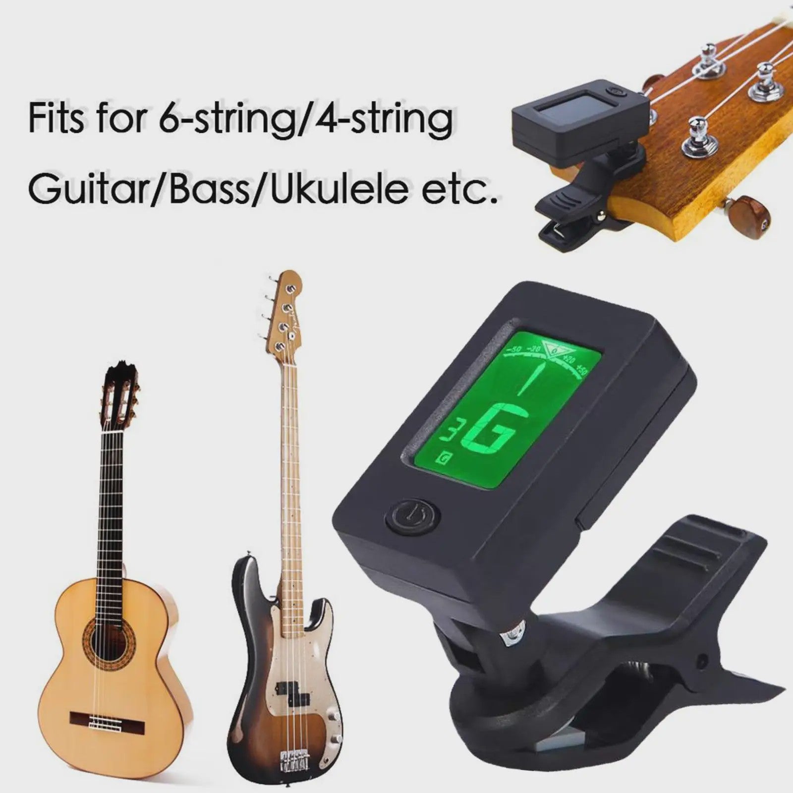 Professionele Clip-On Gitaartuner met 360° Draaibaar LCD Scherm - Voor Gitaar & Ukulele