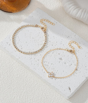 Set van 2 Dames Armbanden met Zirkonia Bloemen en Waterketting - Stijlvol voor Dagelijks Gebruik en Kantoor