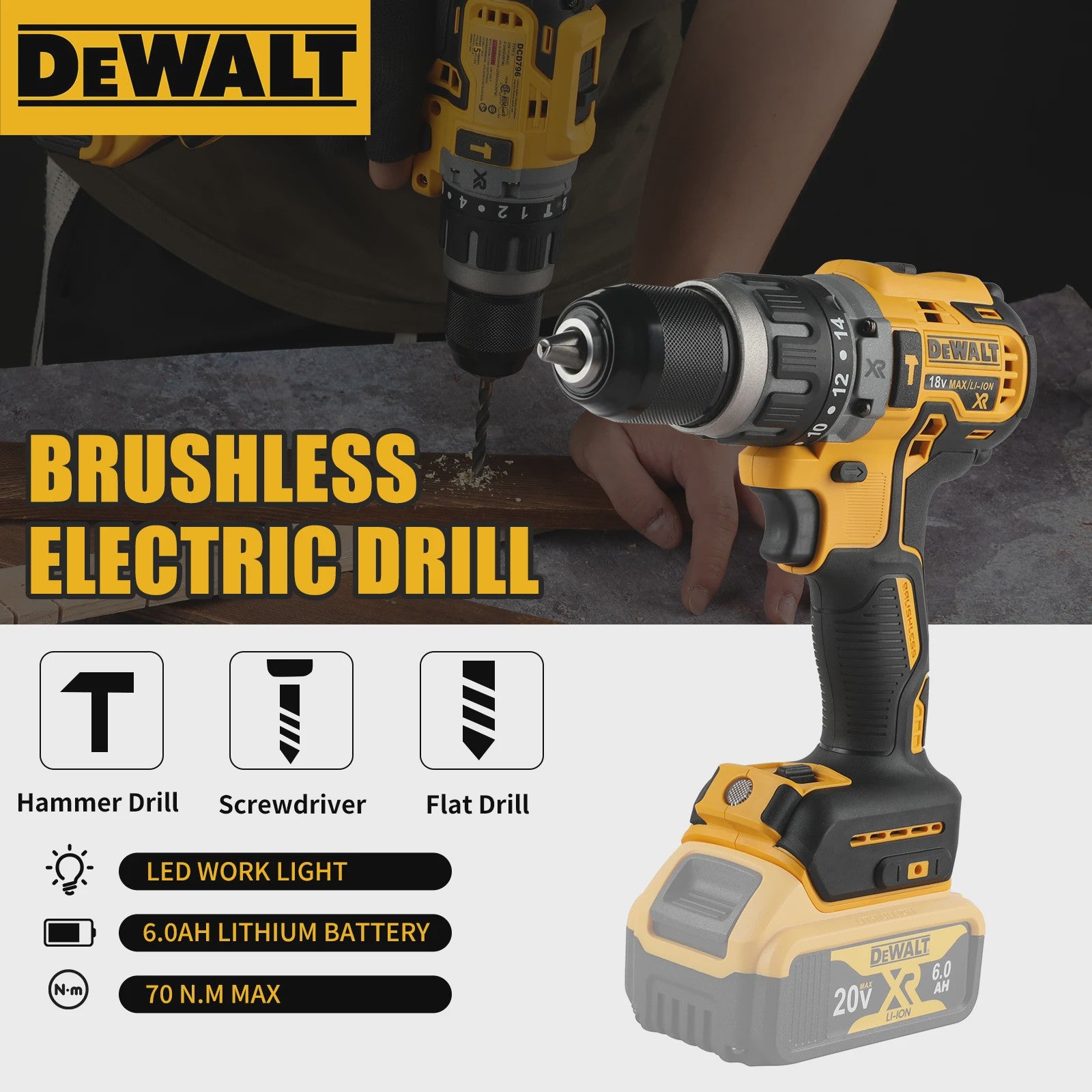 DeWalt DCD796 Brushless Accu Klopboormachine - 20V, 70Nm, Variabele Snelheid