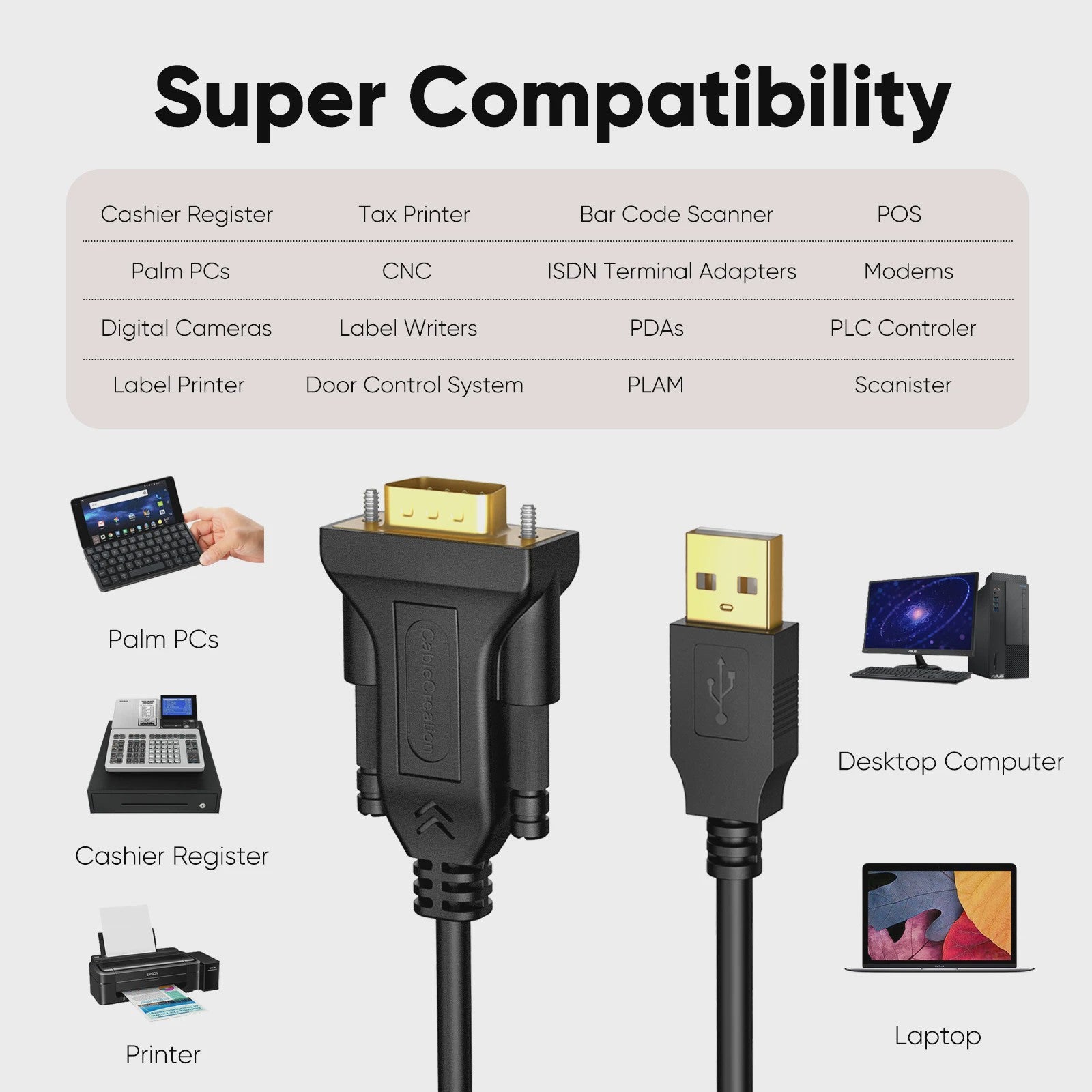 CableCreation USB naar RS232 Serieel Adapter Kabel (DB9 Male, PL2303 Chip) - Goudkleurig, Compatibel met Windows, Linux, Mac