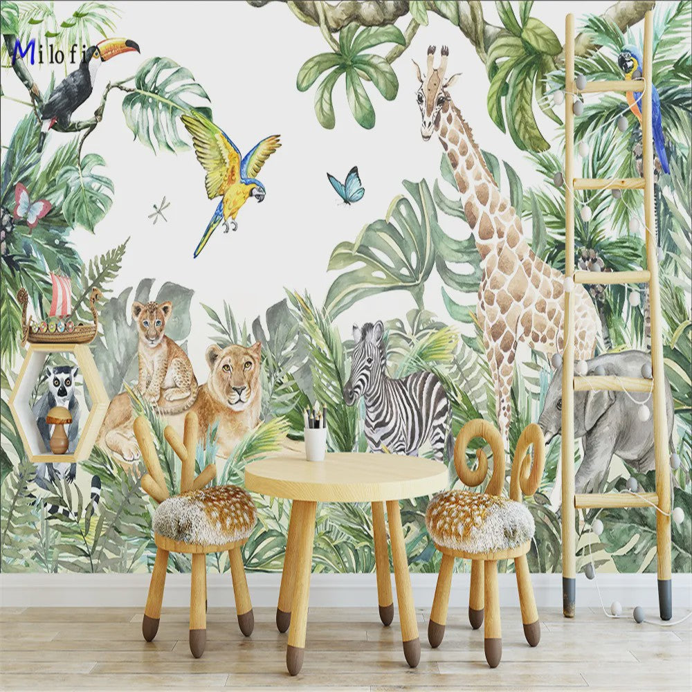 Milofi 3D Muurschildering Behang: Scandinavisch Bos met Jungle Dieren voor Kinderkamer