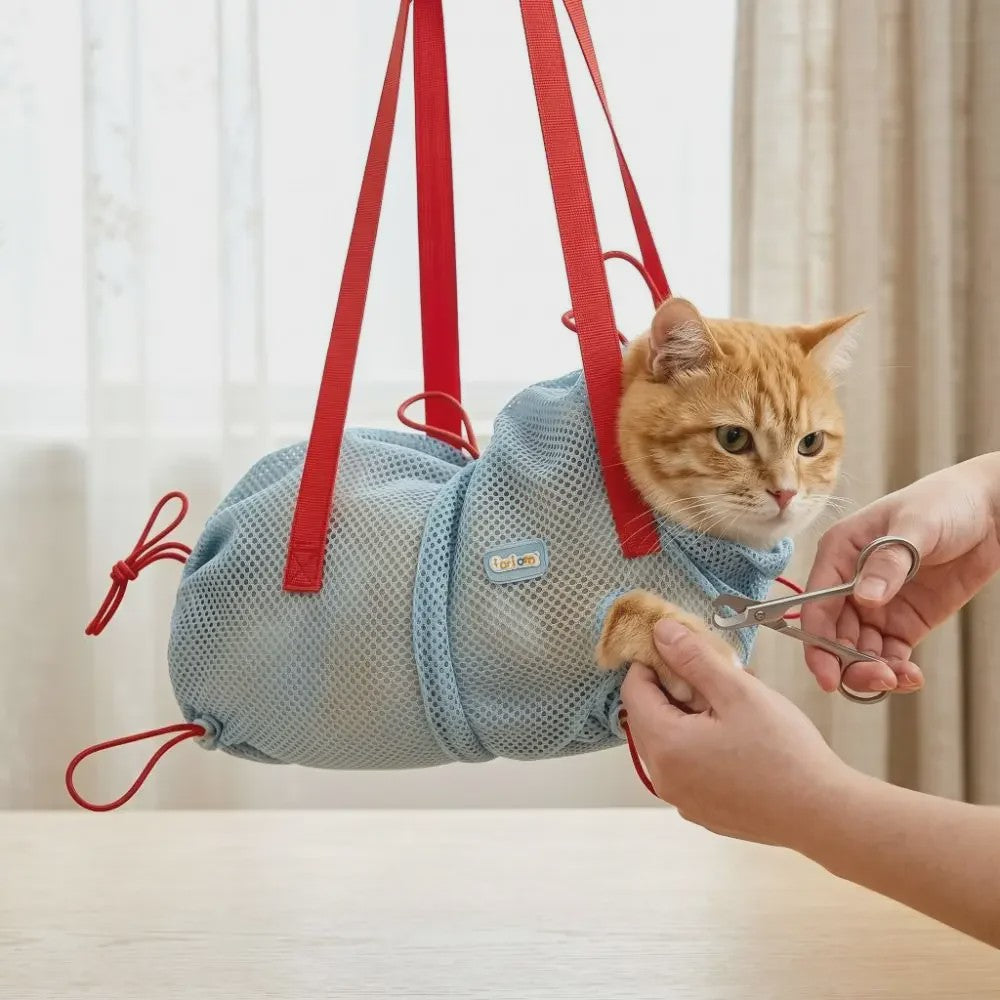 Ademende Mesh Kattenwaszak - Verstelbaar & Anti-Kras voor Grooming & Verzorging