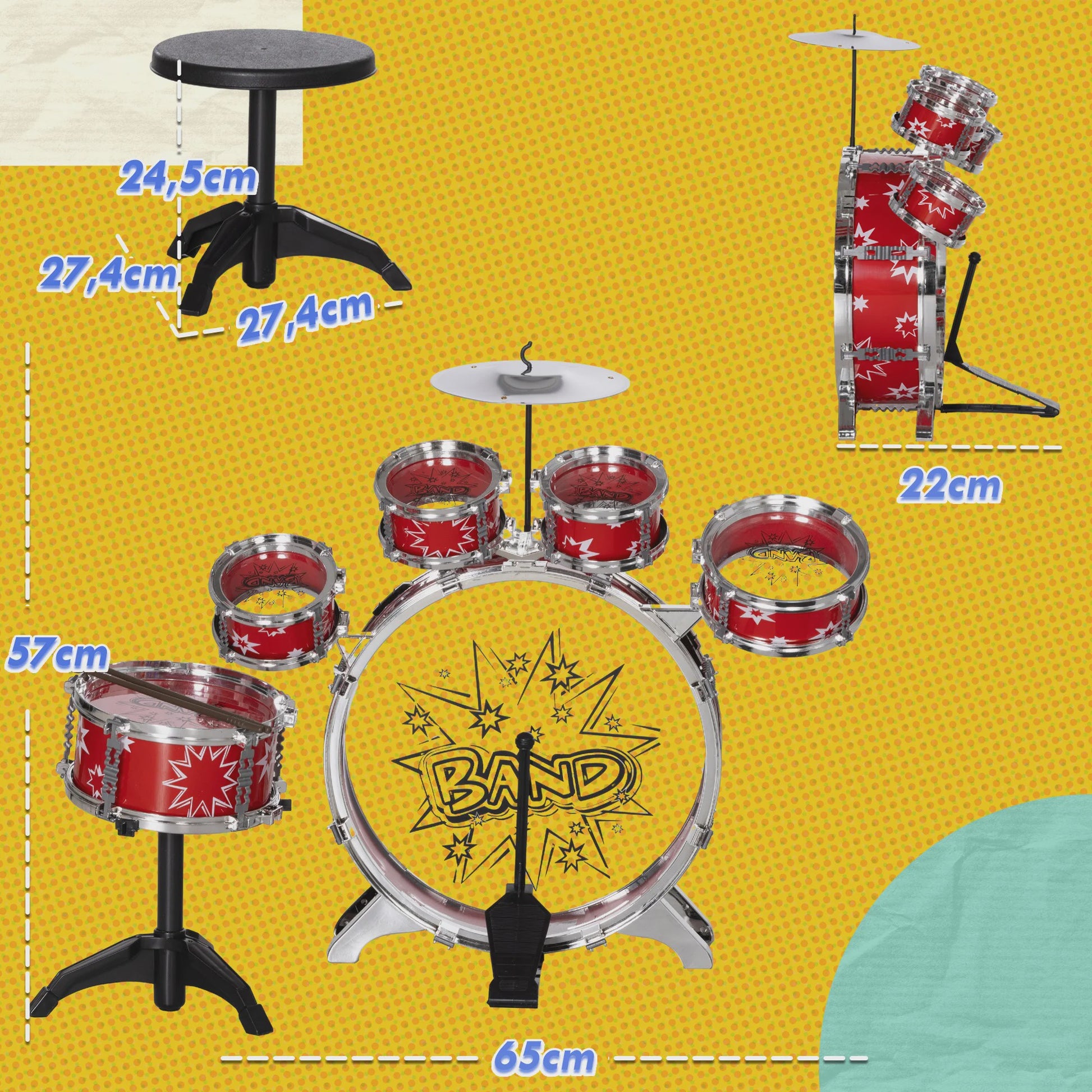 Aiyaplay Kinder Drumstel met Sterren Thema en Krukje - 65x22x57 cm