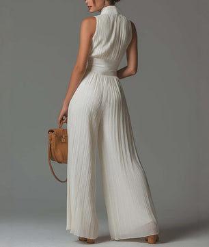 Elegante Dames Jumpsuit met Plooien, Wijde Pijpen en Opstaande Kraag - Zomerse Mouwloze Stijl