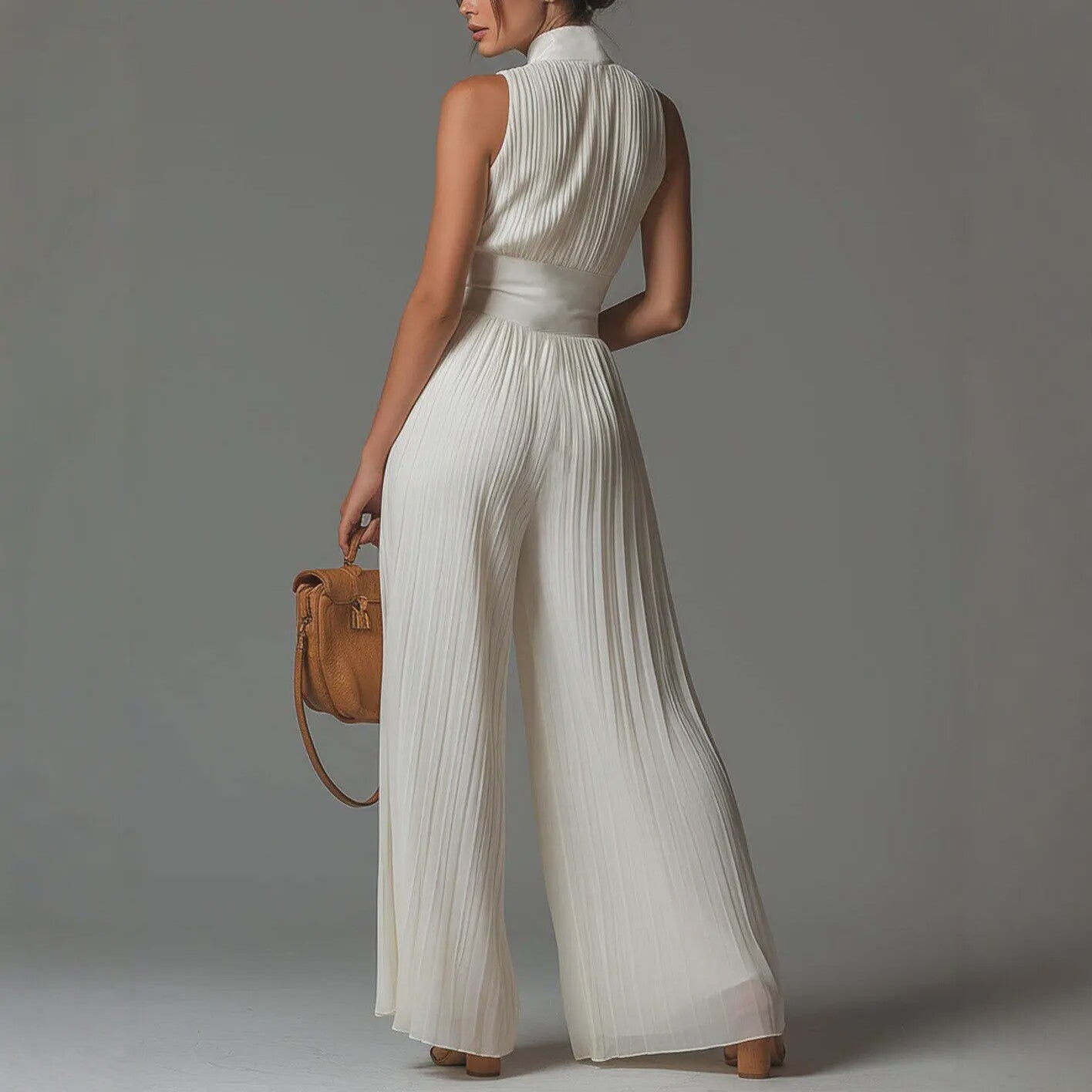 Elegante Dames Jumpsuit met Plooien, Wijde Pijpen en Opstaande Kraag - Zomerse Mouwloze Stijl