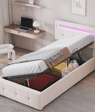 Kinderbed 90x200 cm Beige Velours met LED Verlichting, Hydraulische Opbergruimte en Verstelbaar Hoofdbord