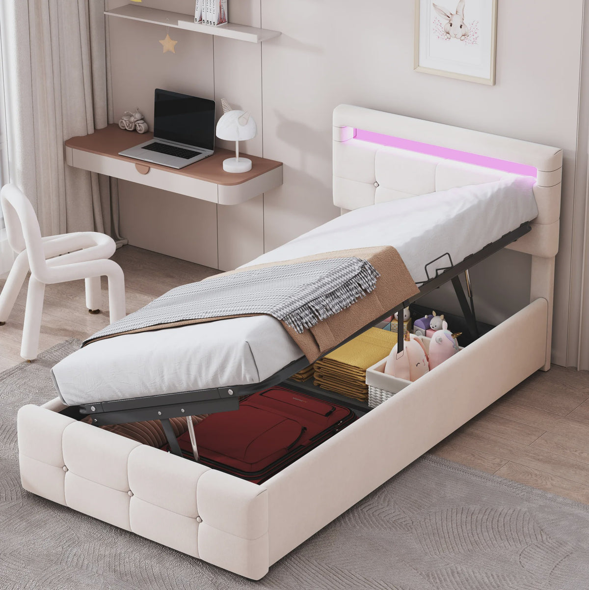 Kinderbed 90x200 cm Beige Velours met LED Verlichting, Hydraulische Opbergruimte en Verstelbaar Hoofdbord