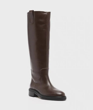 Luxe Bruine Leren Dames Laarzen - Kniehoog, Vierkante Hak & Ronde Neus