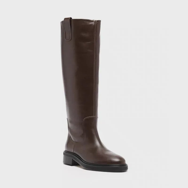 Luxe Bruine Leren Dames Laarzen - Kniehoog, Vierkante Hak & Ronde Neus