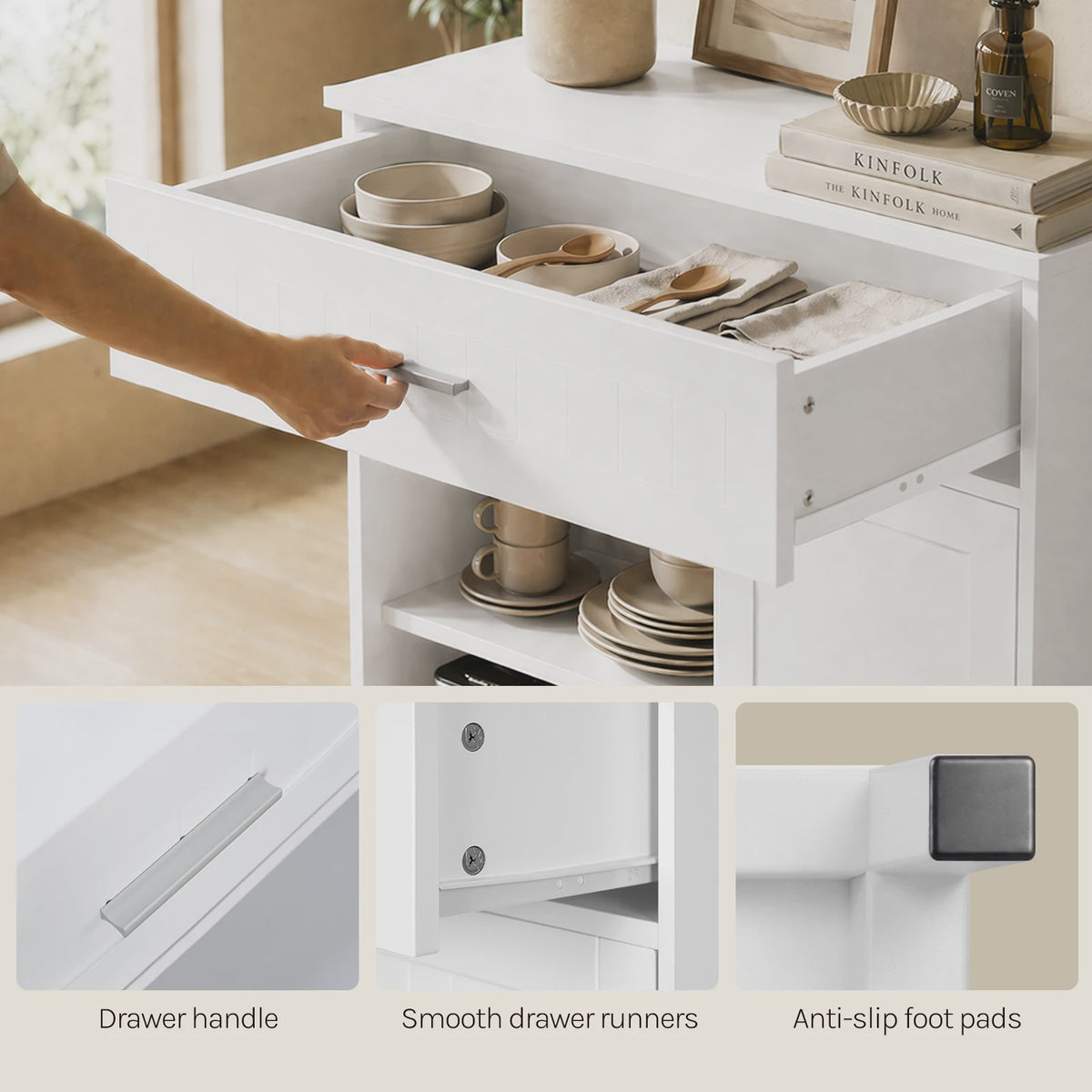 Wit Keuken Sideboard met Schuifdeur, Lades en Verstelbare Planken - Multifunctioneel Meubelstuk