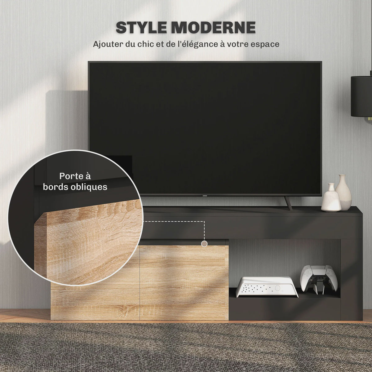 Moderne TV Meubel met 2 Deuren en Open Compartiment - Zwart/Houtkleur - Tot 60 Inch