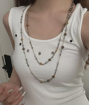 Dubbele Laags Ketting met Bloemen en Kralen - Bohemian Stijl