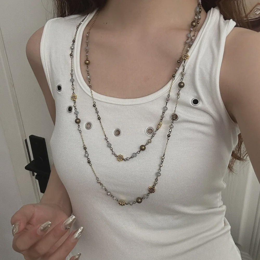 Dubbele Laags Ketting met Bloemen en Kralen - Bohemian Stijl