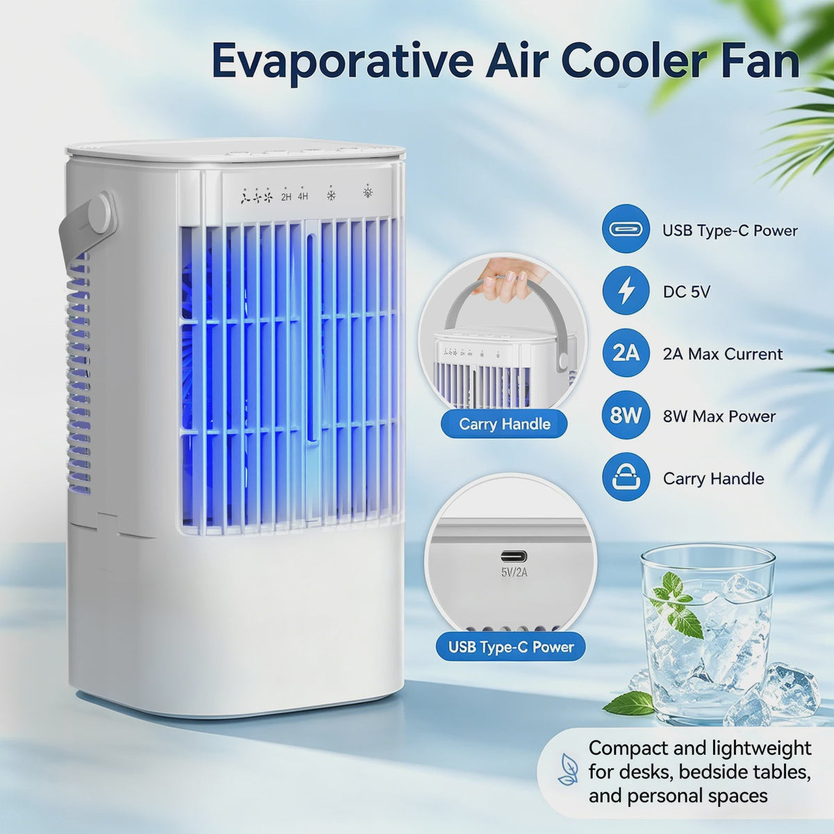 Draagbare Ventilator met 900ml Tank, 7-kleuren Nachtlampje & USB - Ideaal voor Huis en Kantoor