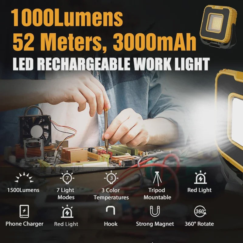 Krachtige Oplaadbare LED Werkspot 1000 Lumen met 3000mAh Batterij - Waterdicht & Draagbaar