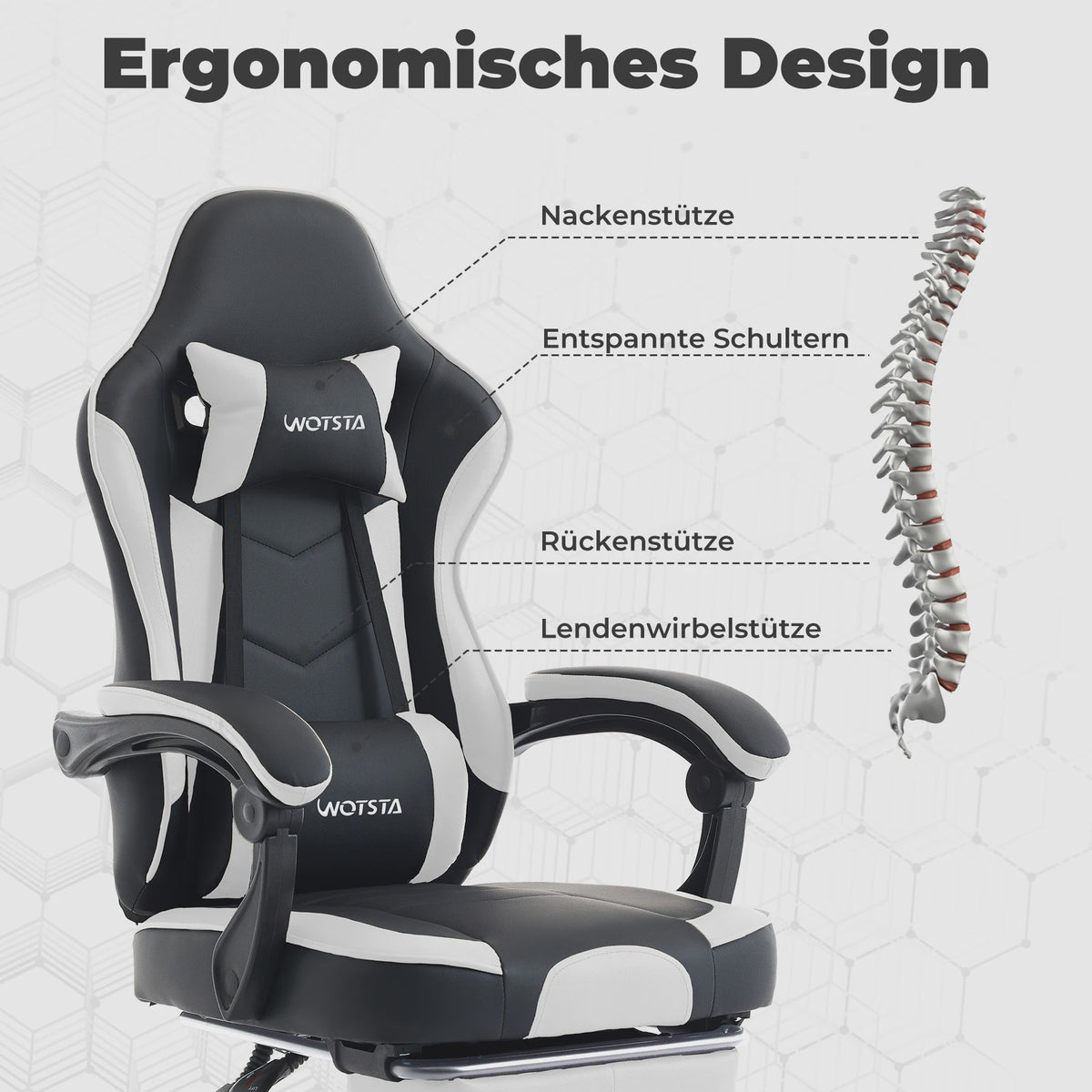 Ergonomische Gaming Stoel met Voetensteun & Lendekussen - Verstelbaar