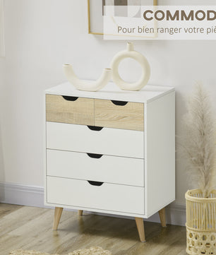 HOMCOM Commode met 5 Lades en Houten Poten - Wit & Naturel Hout - 60x40x77,5 cm