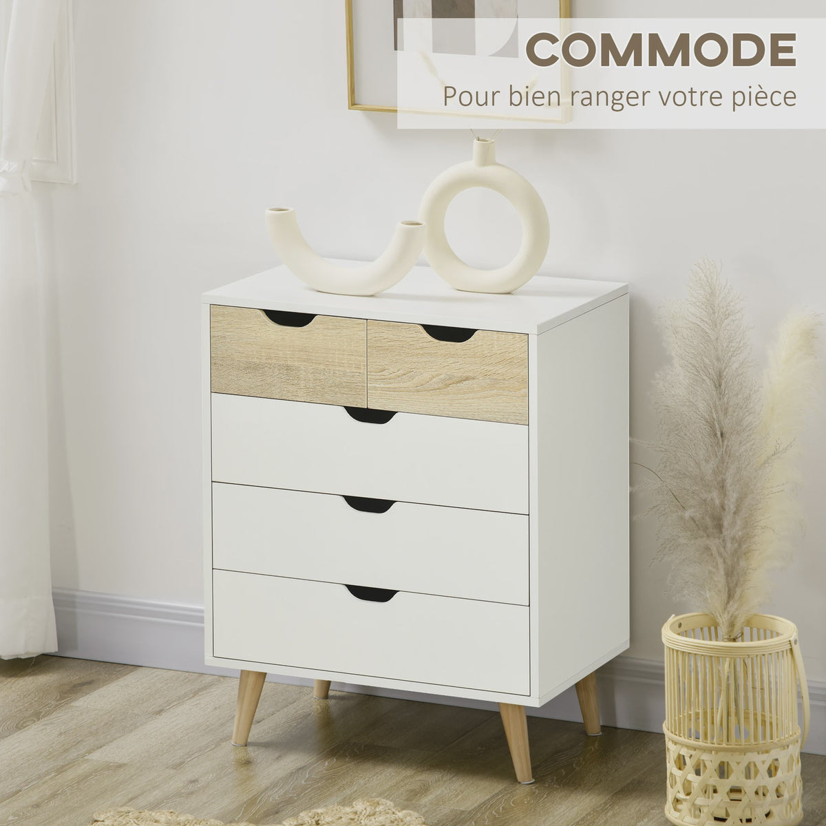 HOMCOM Commode met 5 Lades en Houten Poten - Wit & Naturel Hout - 60x40x77,5 cm