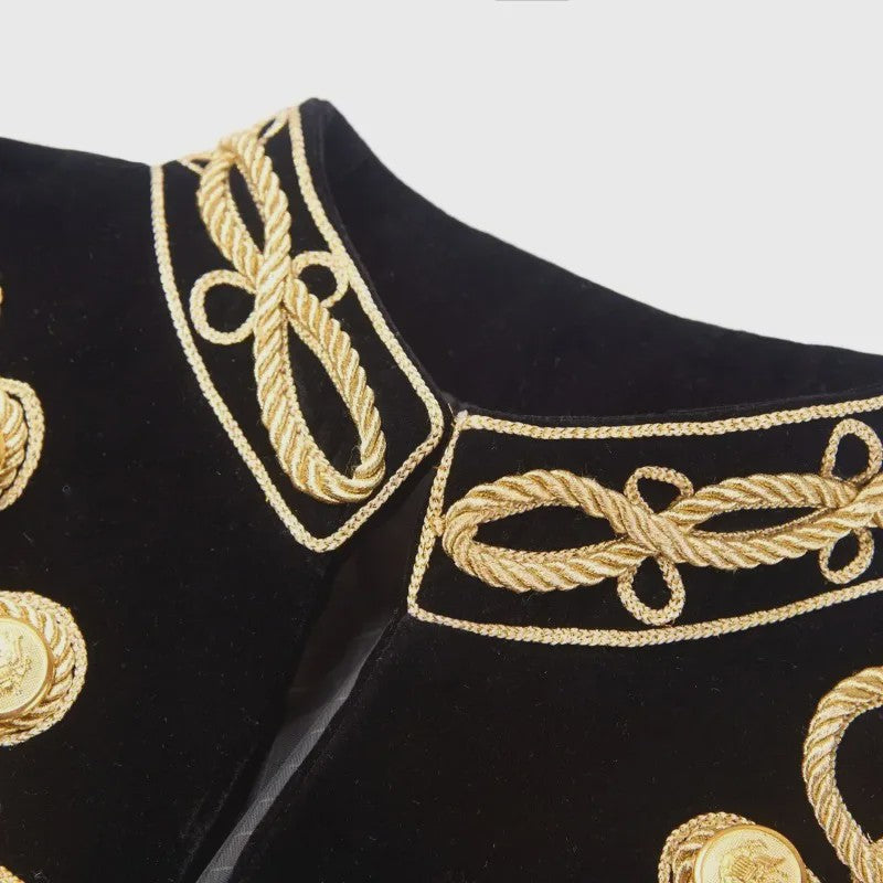 Luxe Zwarte Velvet Blazer met Gouden Borduursels - Heren Feest & Podium Kleding