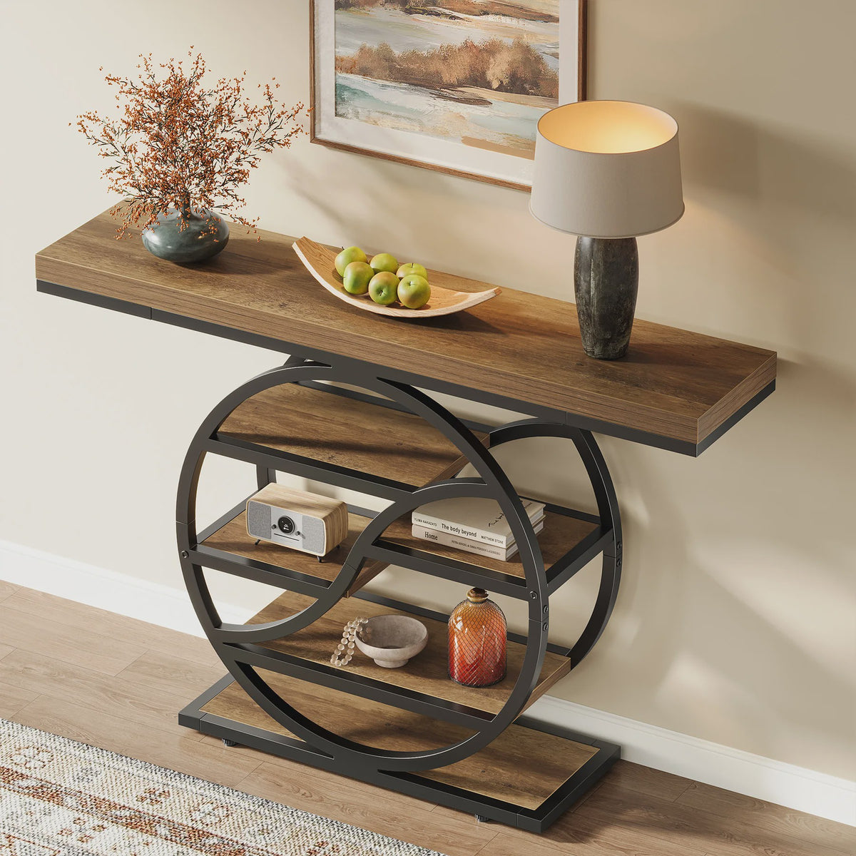 Industriële Console Tafel 120cm met 6 Niveaus en Geometrisch Metalen Frame