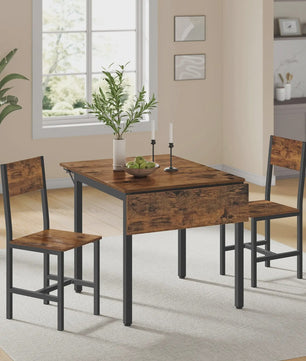 Compacte Eetkamer Set met 2 Stoelen en Klaptafel - Rustiek Houtdesign & Metaal