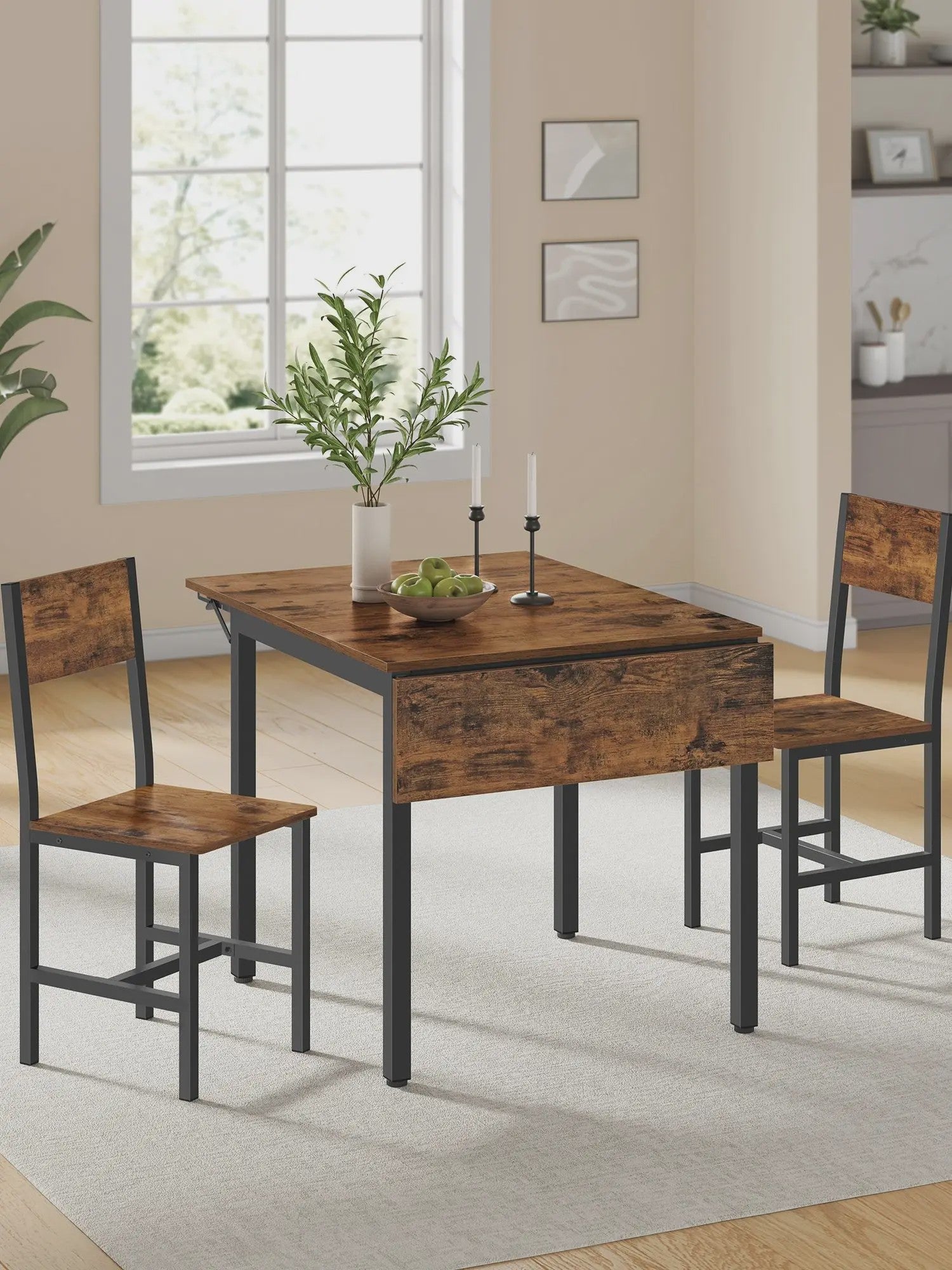Compacte Eetkamer Set met 2 Stoelen en Klaptafel - Rustiek Houtdesign & Metaal