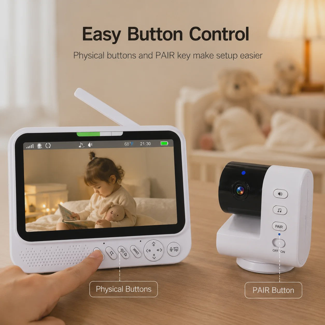 7 Inch Draadloze Babyfoon met Camera, Audio, Nachtzicht & Temperatuurmeter | VOX & Muziek