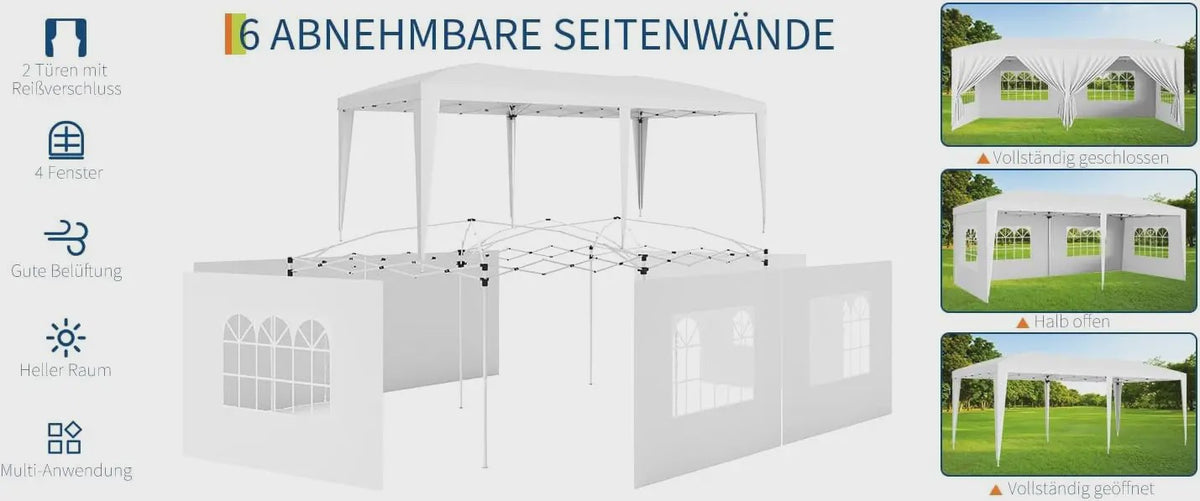 Klapgazebo 3x6m Wit - Ruime Feesttent met 6 Zijwanden voor Feest, Camping & Tuin