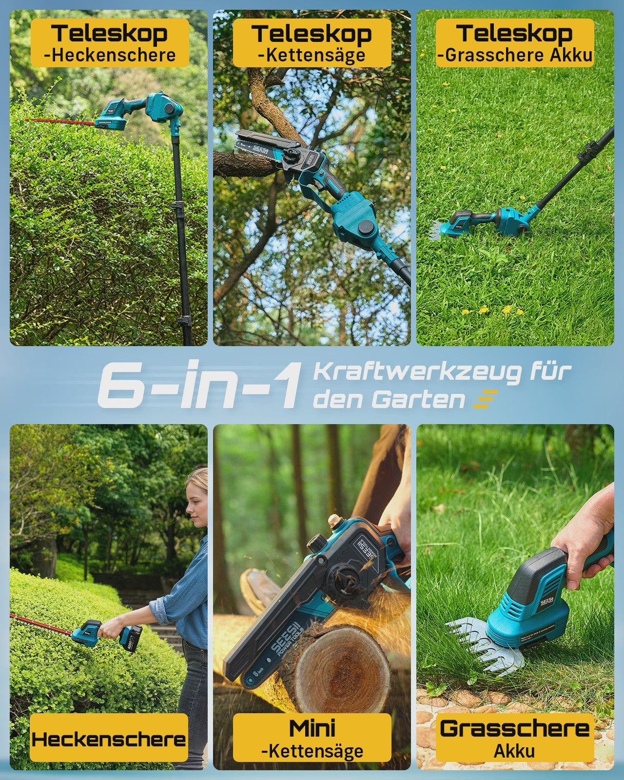 SEESII 6-in-1 Telescopische Snoeischaar & Heggenschaar - Brushless - Makita 18V Compatibel