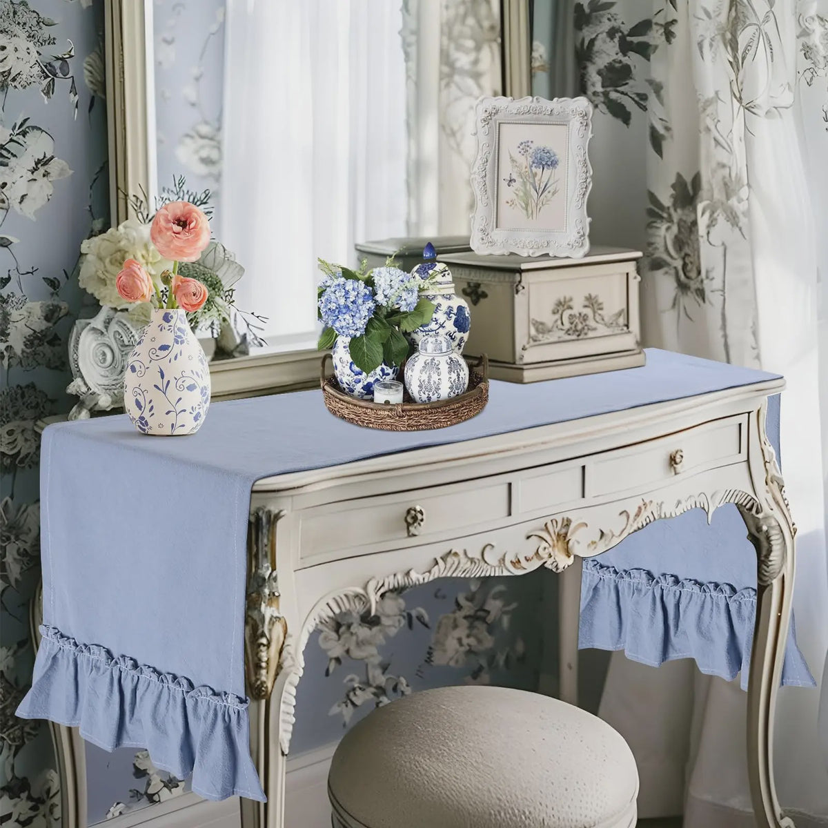 Romantische Katoenen Tafel Runner met Ruches - Perfect voor Feesten, Bruiloften & Decoratie