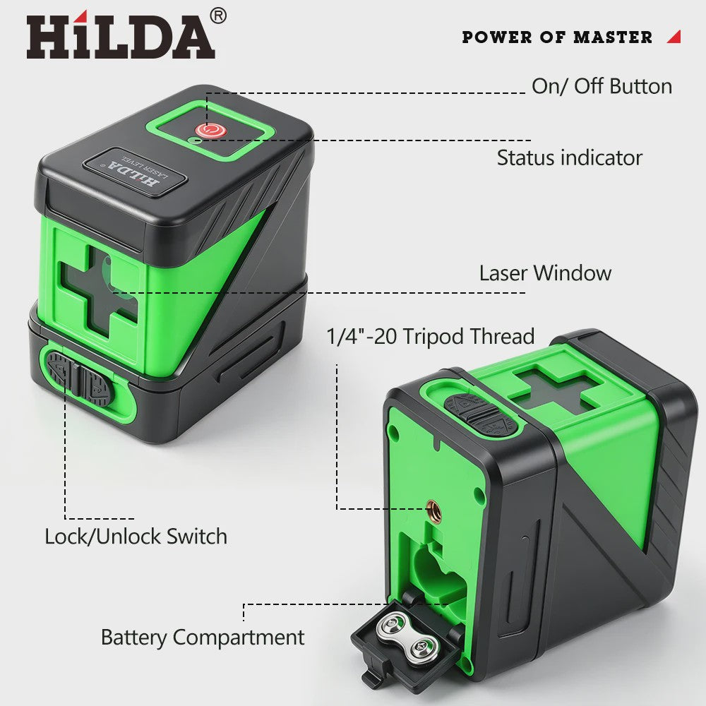HILDA 2D Laser Waterpas met Groene Straal - Zelfnivellerend, IP54, 30m Bereik