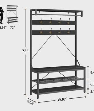 Industriële Kapstok met Schoenenbank en Opbergplanken - 8 Haken, Metaal & Hout-look