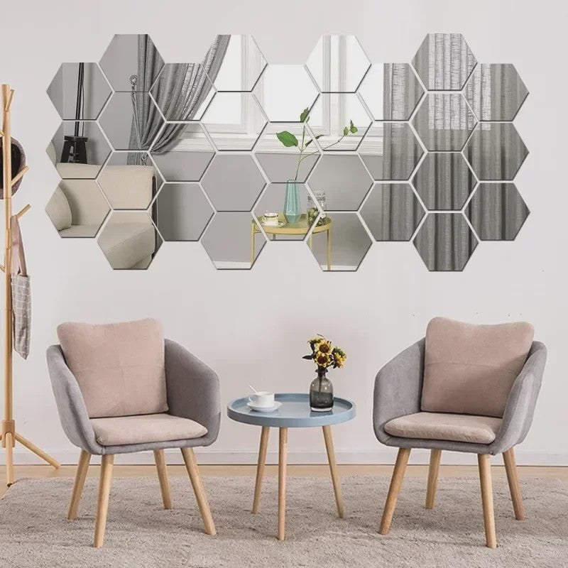 Zelfklevende Hexagon Acryl Spiegel Muursticker - Goud/Zilver - Decoratief & Verwijderbaar