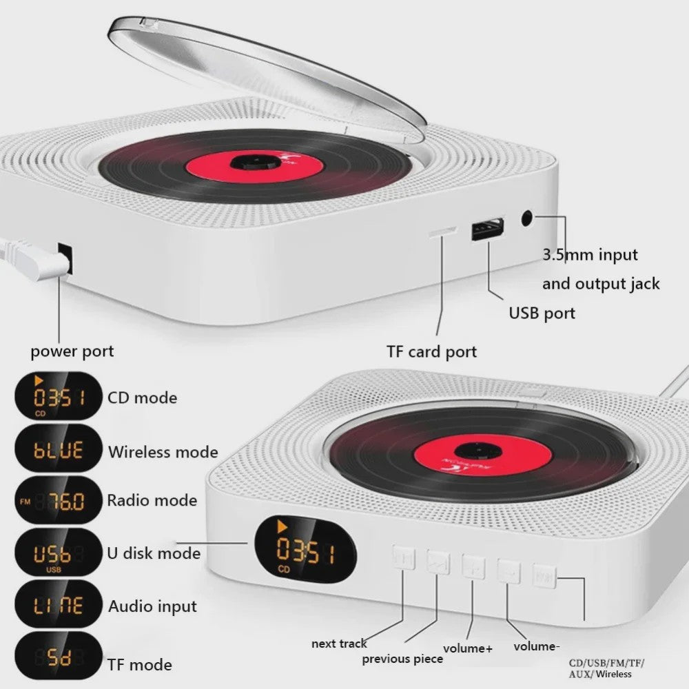 Draagbare Bluetooth CD Speler met Stereo Geluid, LED Scherm en Wandmontage