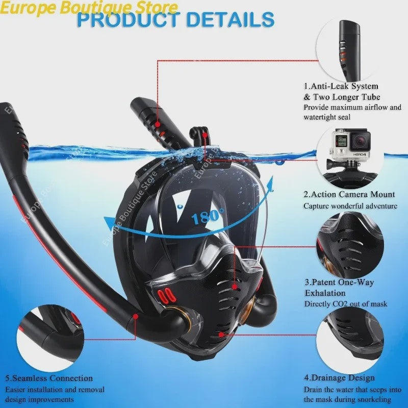 Volledig Gelaats snorkelmasker met Dubbele Buizen - 180° Panoramisch, Anti-condens & Dry Top Systeem