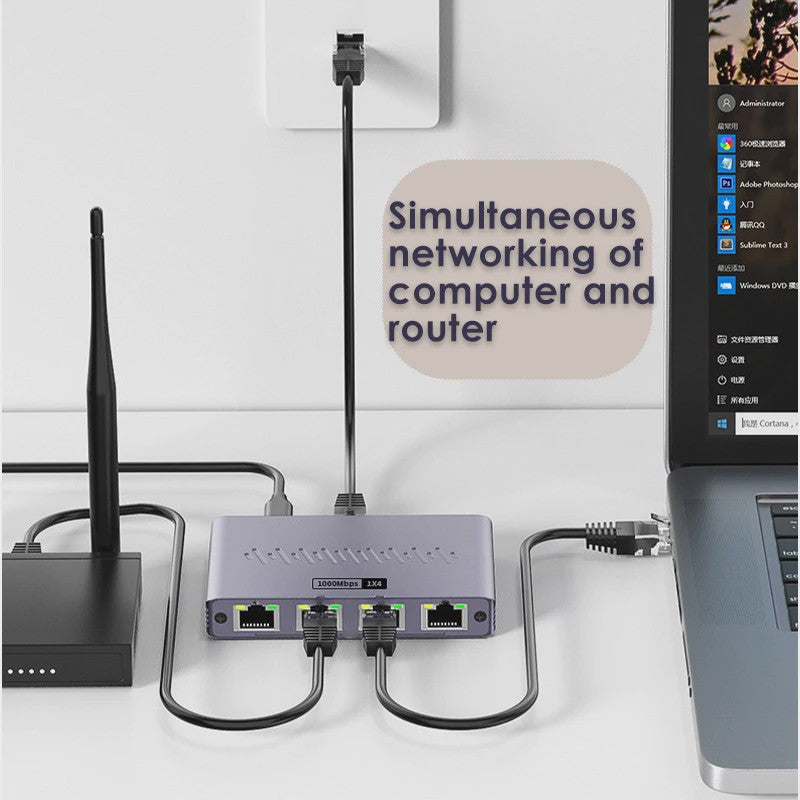 Gigabit 1x4 Ethernet Splitter 1000Mbps RJ45 LAN - Verdeel Internet naar 4 Apparaten