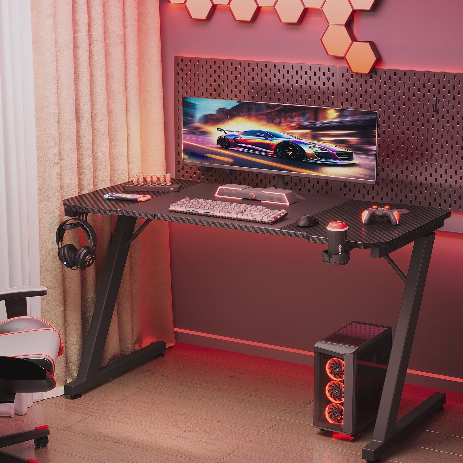 Devoko Gaming Bureau 120x60 cm met Hoofdtelefoonhaak en Carbon Fiber Afwerking