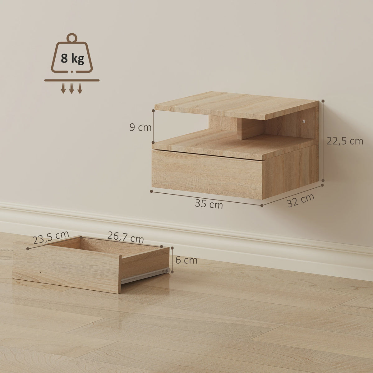 Set van 2 Zwevende Nachtkastjes met Lade - Wandmontage, Modern Design, Eikenlook