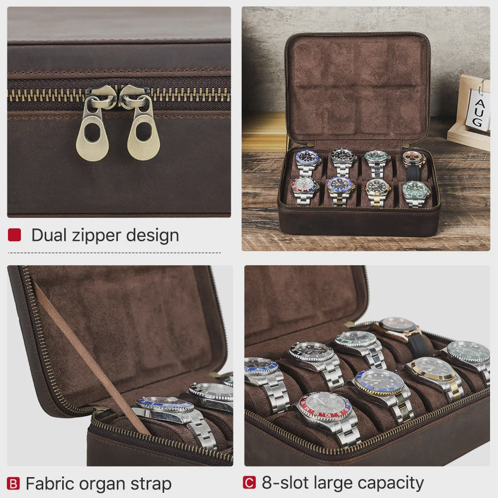 Luxe Leren Horlogedoos met 8 Vakken - Vintage Opbergkoffer voor Heren & Dames