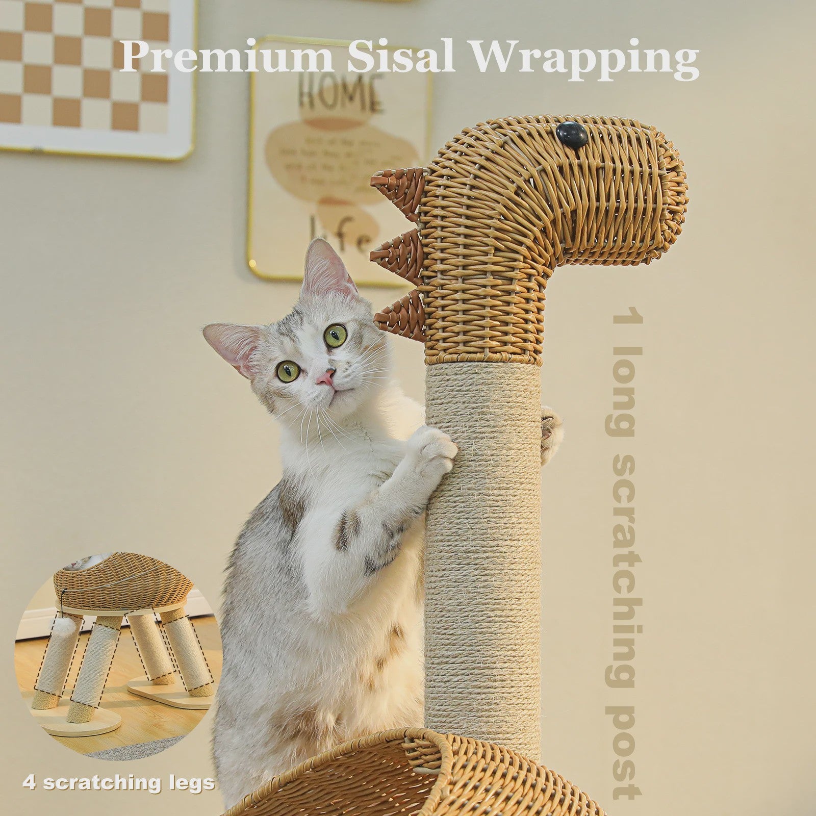 Dino Kattenkrabpaal met Mand en Sisalpaal - Rattan Design