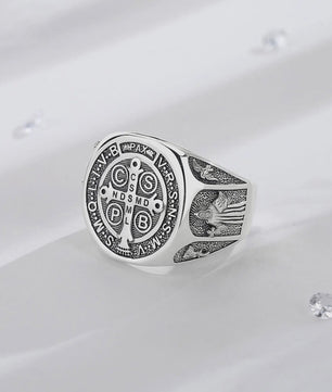Sint Benedictus Ring 925 Sterling Zilver - Verstelbaar, Vintage Kruis Medaille Juweel