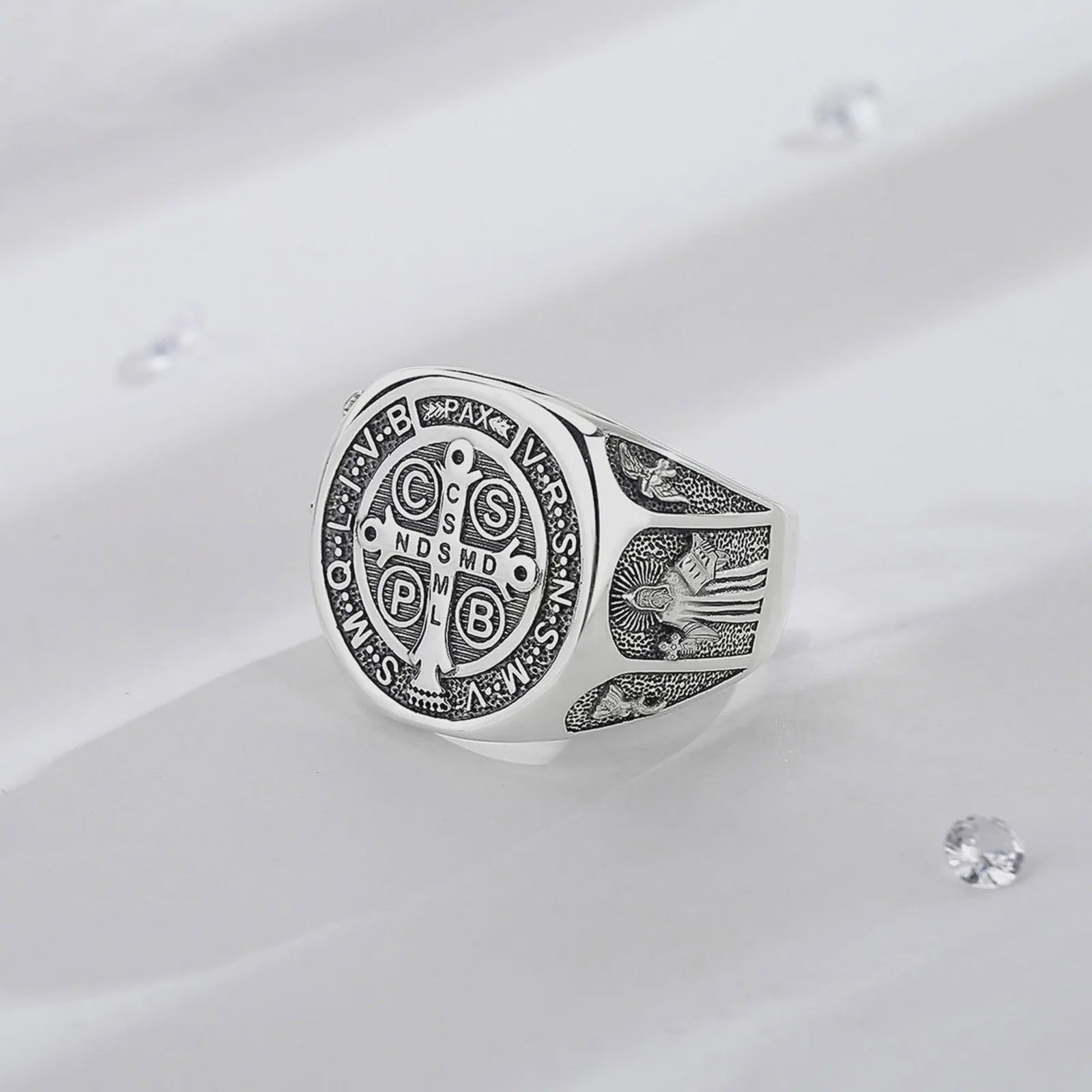 Sint Benedictus Ring 925 Sterling Zilver - Verstelbaar, Vintage Kruis Medaille Juweel