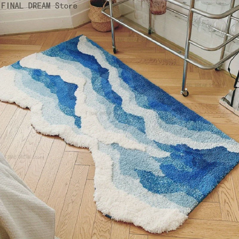 Blauw Zee Golf Vloerkleed - Esthetisch Slaapkamer & Corridor Tapijt